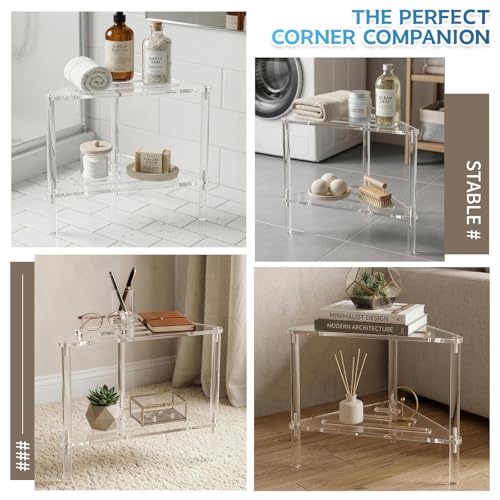 Acrylic Corner Shower Stool for Shaving Legs - Clear Triangle Shower Stool with 2-Tier Storage Shelf - Modern Bathroom Step Stool - Includes 1 Bath Sponge & 2 Shower Loofahs for Exfoliation