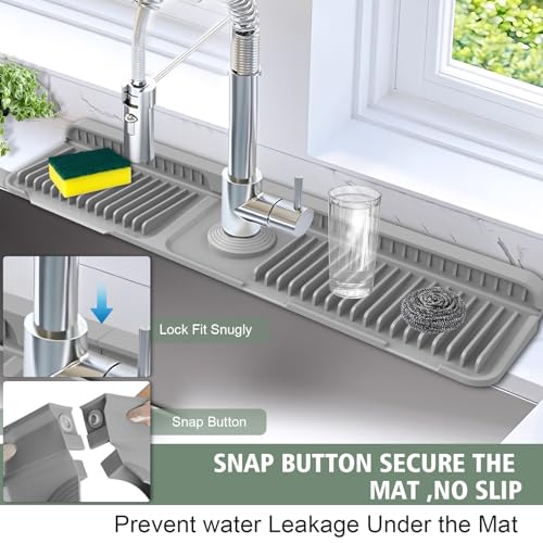 24-Inch Kitchen Sink Splash Guard Mat | 7° Slope for Fast Self-Draining | Snap-Lock Design | Universal & Cuttable Silicone Faucet Mat Gray - color: Gray, size: 24" x 5.5"