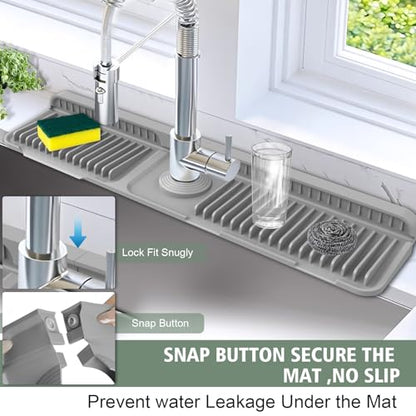 24-Inch Kitchen Sink Splash Guard Mat | 7° Slope for Fast Self-Draining | Snap-Lock Design | Universal & Cuttable Silicone Faucet Mat Gray - color: Gray, size: 24" x 5.5"