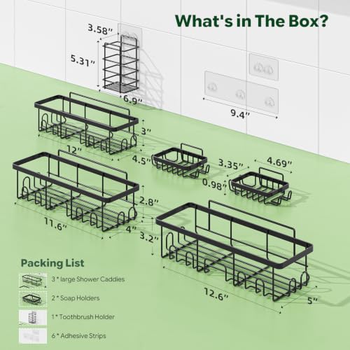 Simple Trending 6-Pack Shower Caddy Adhesive with Large Capacity | No Drilling Shower Shelves, Rustproof Stainless Steel Bathroom Organizers and Storage , Quick Dry, Abrasion Resistant, Black