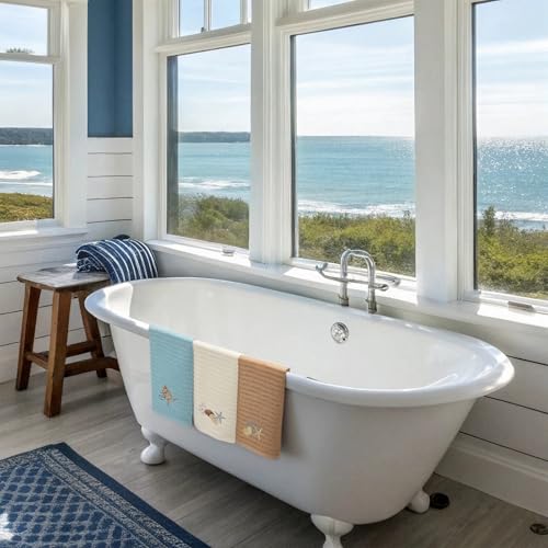 HunnmingRe 3 Pcs Coastal Waffle Hand Towels for Bathroom Farmhouse Embroidered Ocean Beach Nautical Finger Towels Sand Dollar Starfish 13.78 x 29.5 Inch Bath Decor for Summer Kitchen Spa Home - style: Coastal