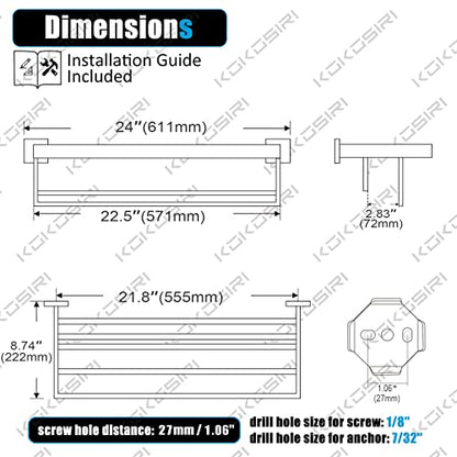 KOKOSIRI Matte Black Towel Rack 24'' Bathroom Towel Shelf with Double Towel Bars SUS304 Stainless Steel Wall Mounted, B6003BK - color: Matte Black, size: 24-Inch