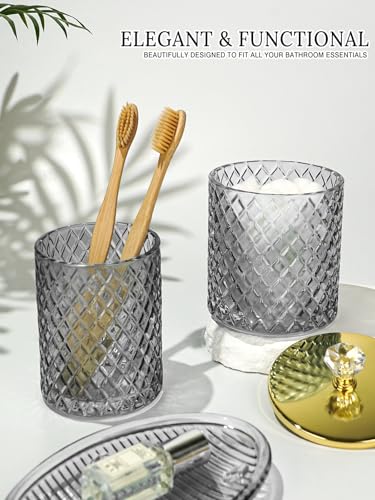 Haturi Glass Bathroom Accessories Set, Smoky Gray Bathroom Set, 4 Pcs | Kit w/ Bathroom Soap Dispenser Set, Toothbrush Holder, Qtip Holder, Vanity Tray, Gray Bathroom Decor, Gift for Home Apartment - style: Smoky Gray
