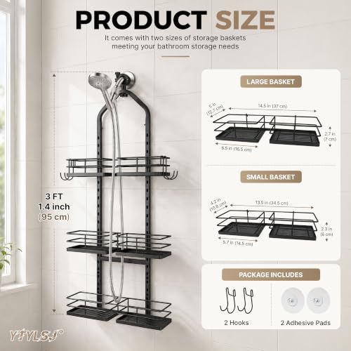 3-Tier Hanging Shower Caddy, Stainless Steel with Dual Clamp, Matte Black | Heavy-duty stainless steel, adjustable shelves for large families, Rustproof, tool-free install, Fits handheld showerheads - color: 3 Tier-Black