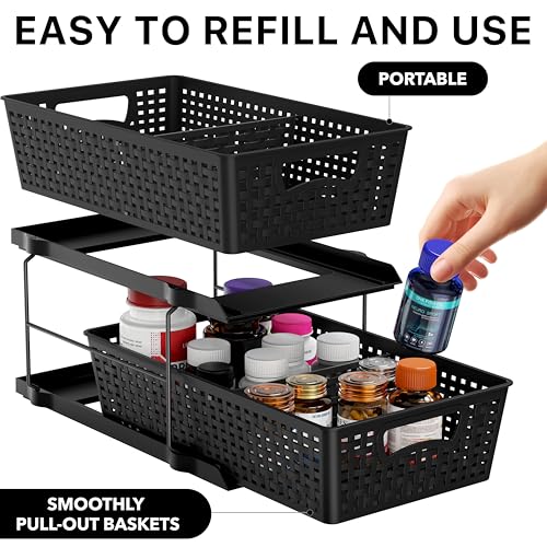 Simple Houseware 2 Tier Pull-Out Sliding Drawer Under Sink Storage, Black | Great for Kitchen Bathroom Tray Shelf Organizer - color: Black