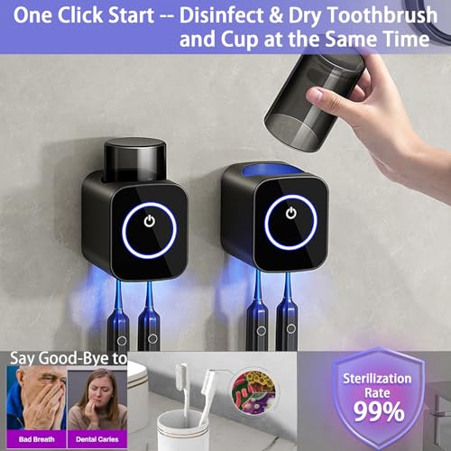 Wall Mounted Toothbrush Holder, 1 Cup Toothbrush Holders with Smart Drying and Cleaning, Toothbrush Cleaning Case with Solar Charging, Toothbrush Organizer with 2 Brush Slots (Black - 1 Cup) - color: Black - 1 Cup