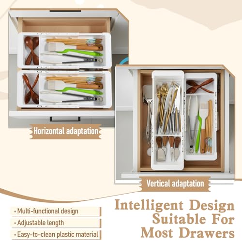 2Pcs Expandable Sliding Drawer Tray with Adjustable Dividers | Plastic Deep Desk Drawer Dividers Organizers Expandable 11.4 to 18.1 Inches For Utensils Office Bathroom Bedroom Kitchen