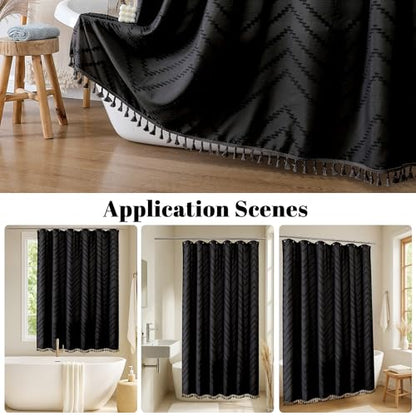 Extra Long Black Boho Shower Curtain, Chic Tufted Chevron Striped Textured Cloth Fabric Shower Curtains with Tassel for Bathroom, Soft Hotel Style Farmhouse, Machine Washable, 72x96 - color: Black, size: 72"W x 96"L (Pack of 1)