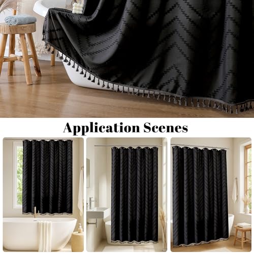 Extra Long Black Boho Shower Curtain, Chic Tufted Chevron Striped Textured Fabric Cloth Shower Curtains with Tassel for Bathroom, Soft Hotel Style Farmhouse, Machine Washable, 72x84 - color: Black, size: 72"W x 84"L (Pack of 1)