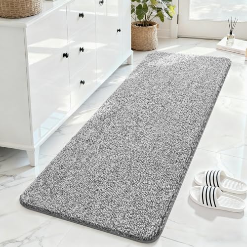 ISEAU Bathroom Rugs 24x80,Super Absorbent Microfiber Bath Mat,Grey | Large Bath Mat,Non-Slip Long Shower Rug with TPR Backing, Thick Plush Machine Washable Bathmat for Bathrooms - color: Light Grey/White, size: 24" X 80"