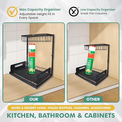 Height Adjustable 2-Tier Under Sink Organizer with 3 Hooks – Kitchen Sink Cabinet Storage Rack, Expandable Sink Caddy for Kitchen, Bathroom & Pantry - color: Black