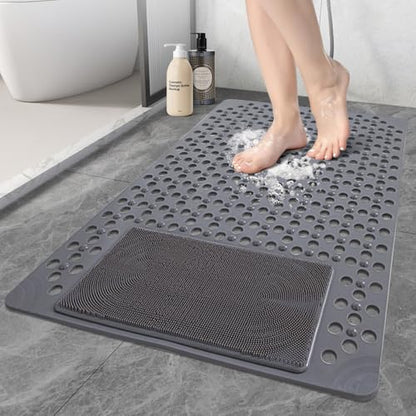 Shower Mat Non Slip: 35.4" x 23.6" Large PVC Heavy Shower Mats for Inside Shower - Quick Dry Shower Foot Scrubber Matt with Drain Hole and Suction Cups for Elderly - color: Grey