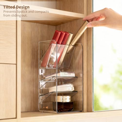 PAVSTINE Medicine Cabinet Organizer with Adjustable Dividers, Clear Vertical Layered Backward Slanting Shelves for Makeup Brush/Lip Gloss/Mascara Storage (3-Tier Slant-Gentle Slant) - size: 3-Tier Slant-Gentle Slant