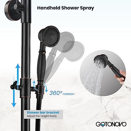gotonovo Exposed Shower Faucet with Spout Oil Rubbed Bronze,Straight Pipe | Brass Bathroom Exposed Shower System,8’’ Rain Head,Swivel Tub Spout 2 Cross Handle,Adjustable Handheld Sprayer,Wall Mount - color: Bronze