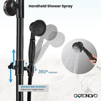 gotonovo Exposed Shower Faucet with Spout Oil Rubbed Bronze,Straight Pipe | Brass Bathroom Exposed Shower System,8’’ Rain Head,Swivel Tub Spout 2 Cross Handle,Adjustable Handheld Sprayer,Wall Mount - color: Bronze