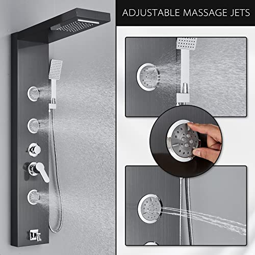 AlenArt Shower Panel Tower System, Multi Function Shower System with Body Jets, Handheld Sprayer, Rainfall Waterfall Shower Head and Tub Spout Stainless Steel Wall Mount Shower Panels Black - color: Black