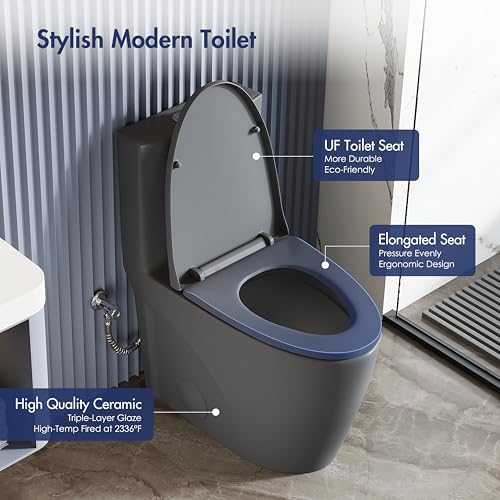 Elongated One Piece Toilet, ADA Dual Flush 1.1/1.6 GPF, Dark Gray | ADA 17" chair height, Powerful siphon dual flush, 12" rough-in, Bathroom toilet bowl, comfort soft closing seat, Gray toilets - color: Dark Gray