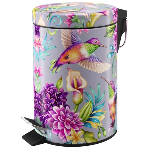Sanilo Small Bathroom Trash Can with Lid [1.3 Gallon] - Lidded Tiny Trashcan for Garbage - Mini Metal Bin with Soft Closing Mechanism - Bath Room Accessoire Wastebin with Inner Bucket (Hummingbird) - color: Hummingbird