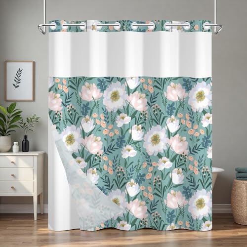 Floral No Hook Shower Curtain with Snap in Liner, Double Layers Waterproof Bathroom Shower Curtain Sets with See Through Window and Weighted Hem, 71x74 Inches Shower Curtain for Bathroom and Hotel - color: Blooming Garden
