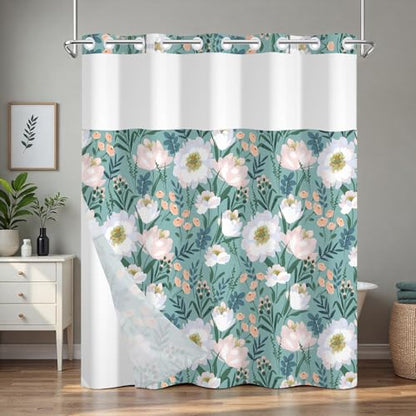 Floral No Hook Shower Curtain with Snap in Liner, Double Layers Waterproof Bathroom Shower Curtain Sets with See Through Window and Weighted Hem, 71x74 Inches Shower Curtain for Bathroom and Hotel - color: Blooming Garden