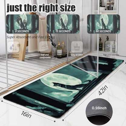 Bathroom Runner Mat Rugs Long,Dark Wolf Moon Illustration Diatomite Stone Bath Mat Large Absorbent Diatomaceous Earth Mat Non Slip Fast Dry Shower Mat Bathroom Rugs Floor Mat 16x42in - color: Design11