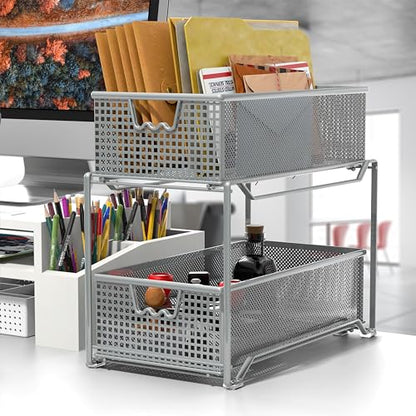DecoBrothers 2 Tier Bathroom Storage Organizer with Pull-Out Drawer, Silver - color: Silver