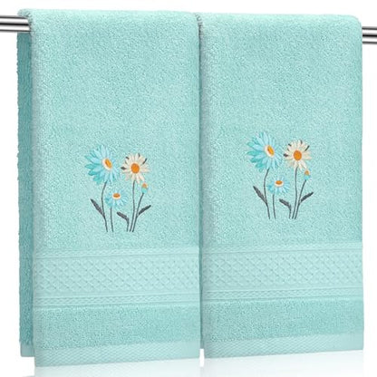 SmoothNovelty 2 Pcs Daisy Hand Towels Teal Flower Bathroom Decor 14x29 Inch Embroidered 100% Cotton Soft Absorbent Spring Summer Decorative Daisy Hand Towels for Bathroom Kitchen - style: Daisy Flower