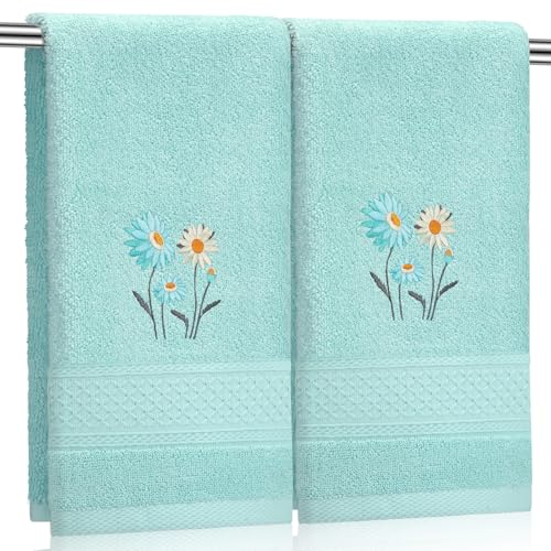 SmoothNovelty 2 Pcs Daisy Hand Towels Teal Flower Bathroom Decor 14x29 Inch Embroidered 100% Cotton Soft Absorbent Spring Summer Decorative Daisy Hand Towels for Bathroom Kitchen - style: Daisy Flower