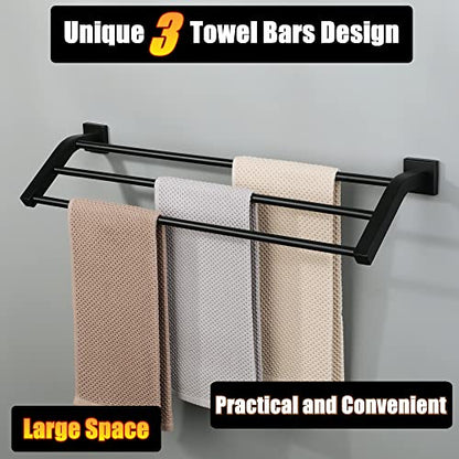 Alise GK9009 SUS304 Stainless Steel Bathroom Double Towel Bar Towel Rack Hanger (Matte Black, 24-Inch(3-Bars)) - color: Matte Black, size: 24-Inch (3-Bars)