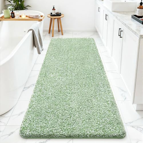 ISEAU Bathroom Rugs 24x60,Super Absorbent Microfiber Bath Mat, Green/White | Large Bath Mat,Non-Slip Long Shower Rug with TPR Backing, Thick Plush Machine Washable Bathmat for Bathrooms - color: Green/White, size: 24" X 60"