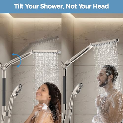 Dual Handheld Shower Head Combo, 2-in-1 Rain Shower Heads System Wide Rainfall Shower Head and 10 Modes High Pressure Hand Held Showerhead with Built-in Power Wash - Brushed Nickel - color: Brushed Nickel, size: 10 Inch Standard