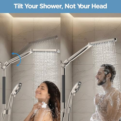 Dual Handheld Shower Head Combo, 2-in-1 Rain Shower Heads System Wide Rainfall Shower Head and 10 Modes High Pressure Hand Held Showerhead with Built-in Power Wash - Brushed Nickel - color: Brushed Nickel, size: 10 Inch Standard