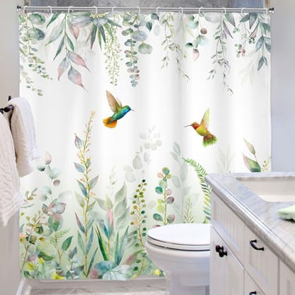 Sage Green Eucalyptus Extra Long Spring Leaves Bathroom Shower Curtain Set | 72"W x 84"H Botanical Plants; waterproof HD print, quick-dry fabric with 12 free hooks for easy hanging. - color: A-sage Green, size: 72"W x 84"L (Pack of 1)