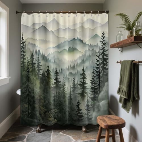 Sage Green Forest Shower Curtain, 72x72 in, Mountain Rustic Pine Tree | Nature Cabin Theme, Woodland Pattern Design, Outdoor Woodsy Lodge Bathroom Decor, Waterproof Polyester Fabric, with Hooks - color: Green, size: 70"W x 72"L (Pack of 1)