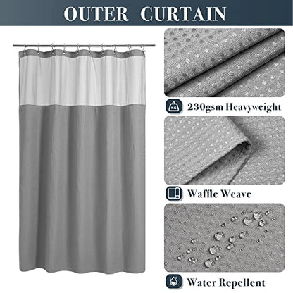 N&Y HOME 54 x 78 Waffle Weave Shower Curtain with Snap-in Liner Set Gray | 12 Metal Hooks Included, Snap on/off Fabric Liner, Hotel Style & Mesh Top Window, Machine Washable, 54x78 Shower Stall Size - color: Grey, size: 54"W x 78"L (Pack of 1)