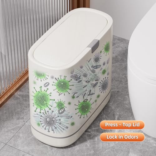 Bathroom Trash Can with Lid, 2.6 Gallon Slim Garbage Can with Inner Bucket, Press Top Bin, Plastic Narrow Wastebasket for Kitchen, Home, Office, Bedroom, Living Room