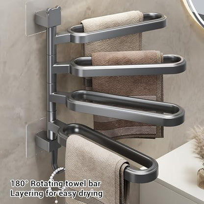 Luocute 180 Degree Swivel Towel Rack, High Strength ABS Wall Mounted Towel Bar with Hook, Space Saving Holder for Bathroom Kitchen (4 Rods) - color: 4 Rods