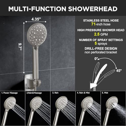 Veken Brushed Nickel 11.8" Shower Head with Handheld,Stain Resistant Finish | Handheld Shower Head with Multi Spray Modes,Rainfall Combo with 15" Metal Extension Arm,Detachable Dual Shower,Regaderas Para - color: Brushed Nickel, size: 11.8 Inch High Press