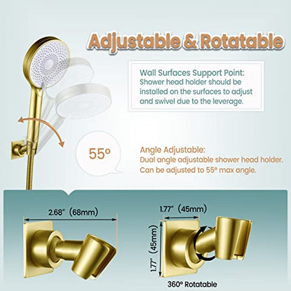 Shower Head Holder Handheld Shower Wand Holder Adjustable Shower Head Bracket Shower Wall Mount Holder, Brushed Brass/Gold Finish, Drill Free Glue Installation - color: Brushed Gold