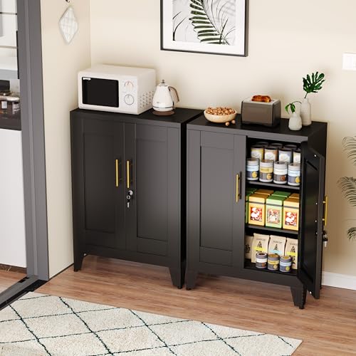 GAIOUS Black Metal Pantry Cabinet with Lock(Two Units), Sideboard Buffet | Storage Cabient with Doors and 2 Adjustable Shelves, Multifunctional Kitchen Cupboard for Home Office, Buffet Table - color: Black(two Units), size: 11.81"D x 23.62"W x 35.83"H