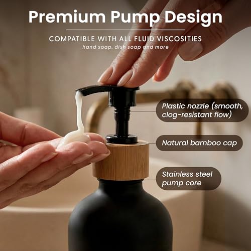 MaisoNovo Glass Dish Soap Dispenser for Kitchen Set of 2-16.9oz Dish and Hand Soap Dispenser Set for Kitchen - Black Glass Bottles x 2 with Black Bamboo Pumps & Tray - color: Black Bottles/Black Bamboo Pumps