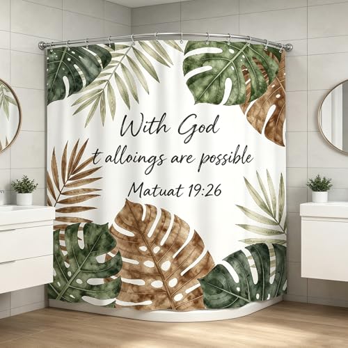 Bible Verse Shower Curtain, Christian Scripture Inspirational Quotes, Tropical Green Plant Shower Curtain,72x72 Inch Waterproof Polyester Insulated,with 12 Hooks - color: Multicolor Bb