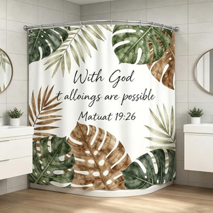 Bible Verse Shower Curtain, Christian Scripture Inspirational Quotes, Tropical Green Plant Shower Curtain,72x72 Inch Waterproof Polyester Insulated,with 12 Hooks - color: Multicolor Bb