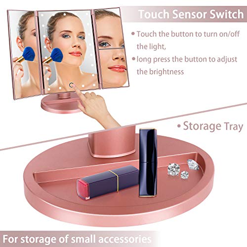 Dresser Mount Tri-Fold Lighted Vanity Mirror with 21 LED Lights, Touch Screen and 3X/2X/1X Magnification, Two Power Supply Modes Make Up Mirror,Travel Mirror - color: Rose Gold