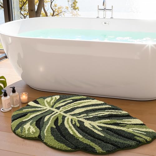 LUMI Cute Bathroom Rug Green Leaf, Absorbent Non Slip Bath Mat, 32"x48" | Dark Monstera Plant, Soft Plush Microfiber, Quick Dry, Washable for Shower Floor, Sink Bathtub, Bedroom, Kids Room - color: Dark Monstera-large