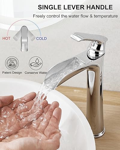 Bathroom Waterfall Faucet, Brass Tall Chrome Bathroom Faucet One Handle, Vessel Sink Faucet 1 Hole, Faucet for Bathroom Sink with Pop-Up Drain & Supply Hoses for Vanity Lavatory RV Farmhouse - color: Chrome
