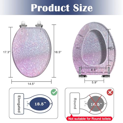 Elongated Toilet Seat Glitter Resin Toilet Seat Slow Quiet Close with Quick-Release Hinges Toilet Seat with Cover Easy to Clean Install - color: Multi5, size: 19.5"x14.5"