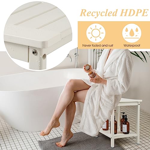 Apolimi HDPE Shower Bench, Shower Stool with Storage Shelf 2-Tier Spa Stool for Inside Shower,Water Resistant & Non-Slip Design Shower Seat (White L Size)
