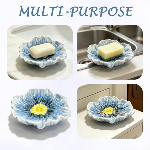 Ceramic Soap Holder with Flower Arrangements, Automatic-Draining Soap Tray for Bathroom Sink & Shower, Small Cute Elegant Glazed Holder, Easy to Clean (Blue) - color: Blue