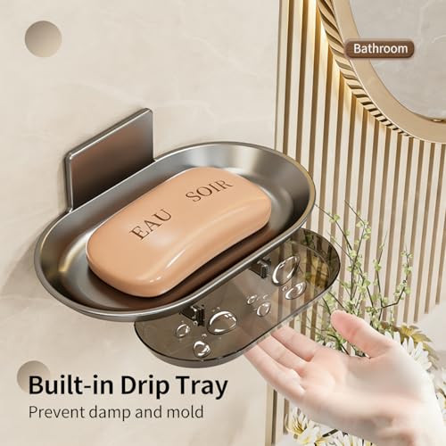 No Drilling Soap Dish for Shower, Self Draining Soap Bar Holder with Removable Drip Tray, Wall Mounted Rustproof Soap Saver for Bathroom, Kitchen, Toilet